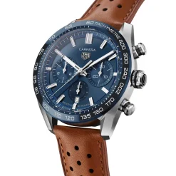TAG Heuer Carrera Chronograph Watch Blue Dial Brown Leather Strap, 44mm Sale