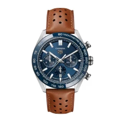 TAG Heuer Carrera Chronograph Watch Blue Dial Brown Leather Strap, 44mm Sale