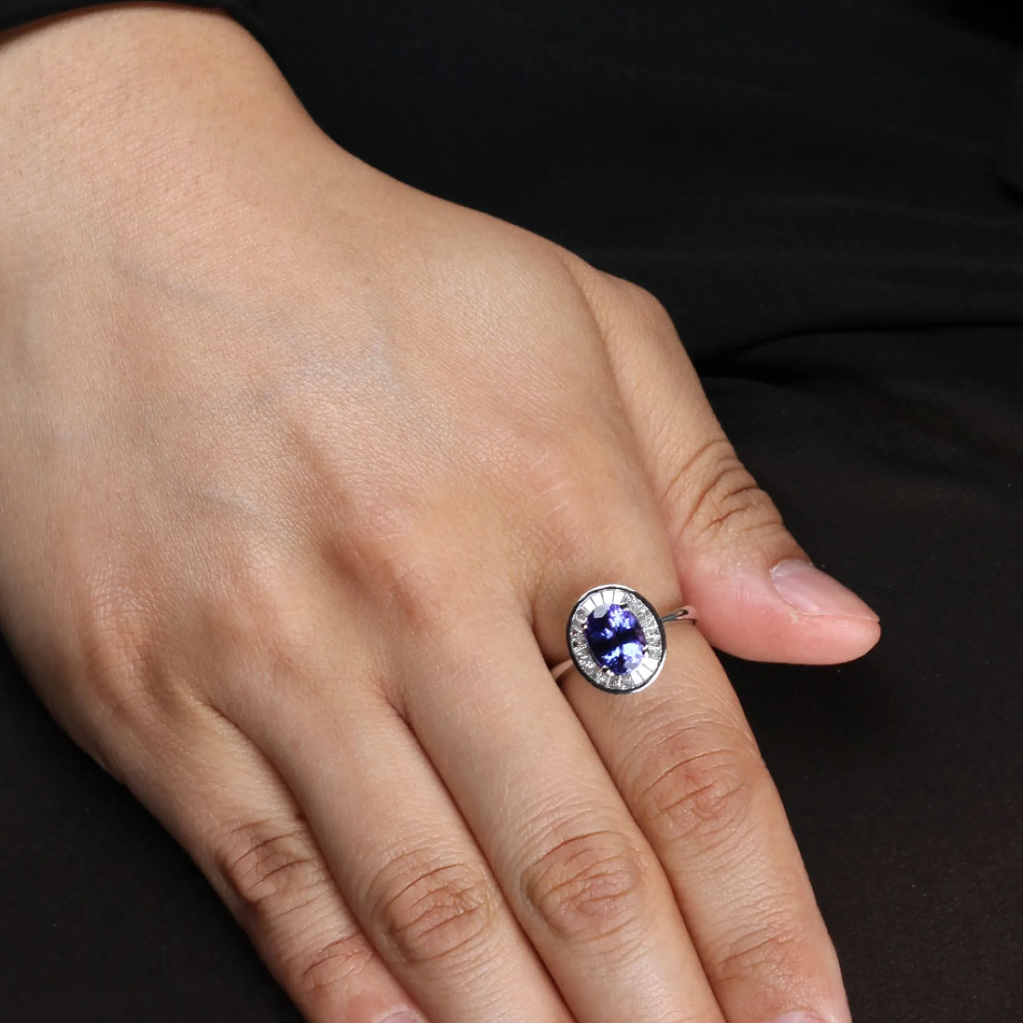 Tanzanite & Baguette Diamond Halo Ring 14K Clearance
