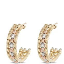 Toscano Tricolor Beaded half-Hoop Earrings, 14K Gold New