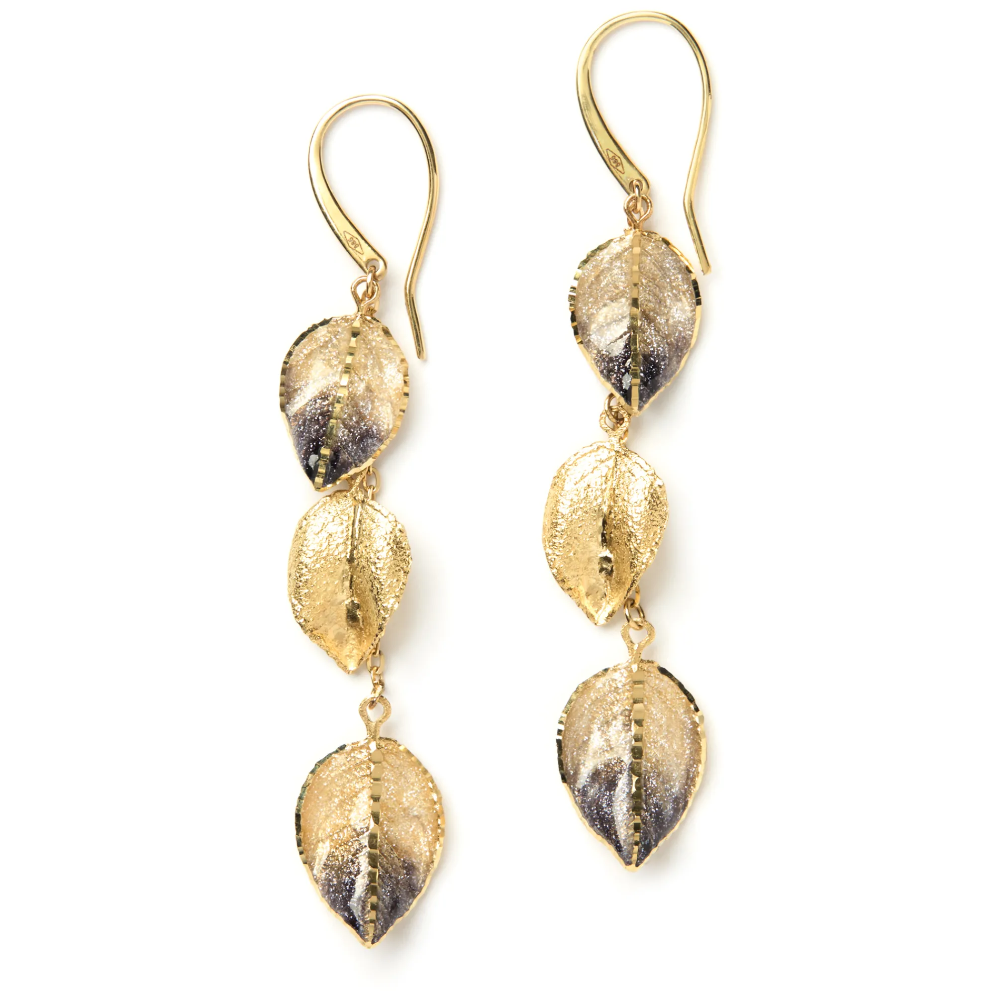 Toscano Triple Brown Enamel Leaf Earrings, 14K Yellow Gold Sale