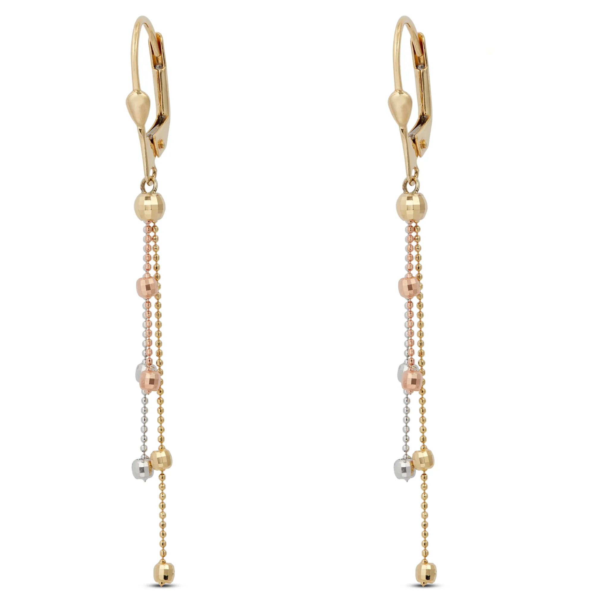 Tri-Color Dangle Bead Earrings 14K