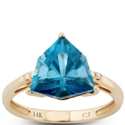 Trillion Cut Blue Topaz & Diamond Ring, 14K Yellow Gold Hot
