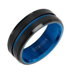 Triton Contemporary Comfort Fit Band in Black Tungsten with Blue PVD, 8 mm New