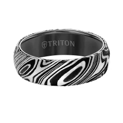 Triton Contemporary Comfort Fit Band in Black Tungsten & Damascus Steel, 7 mm