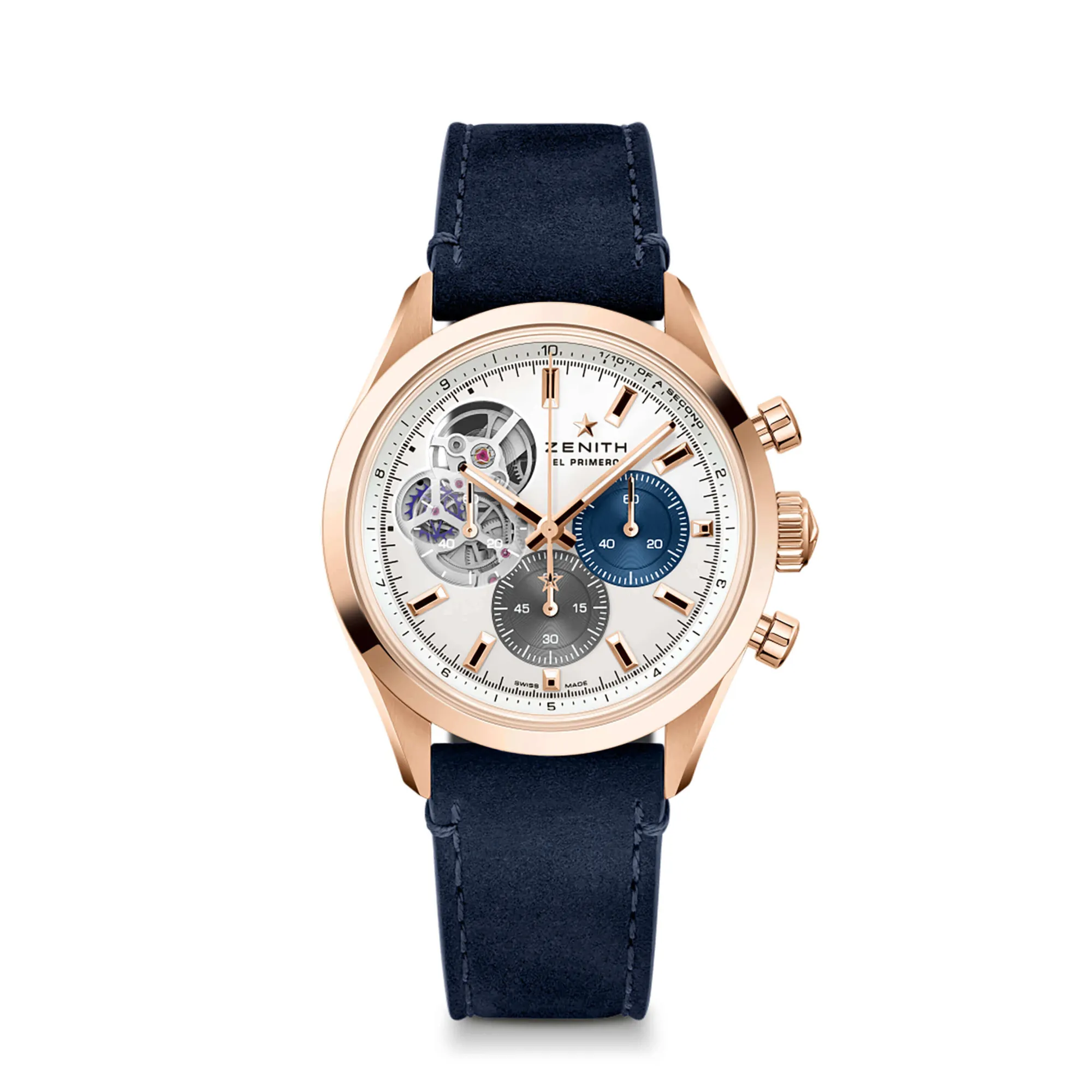Zenith CHRONOMASTER Open Watch White Dial Blue Leather Strap, 39.5mm Sale