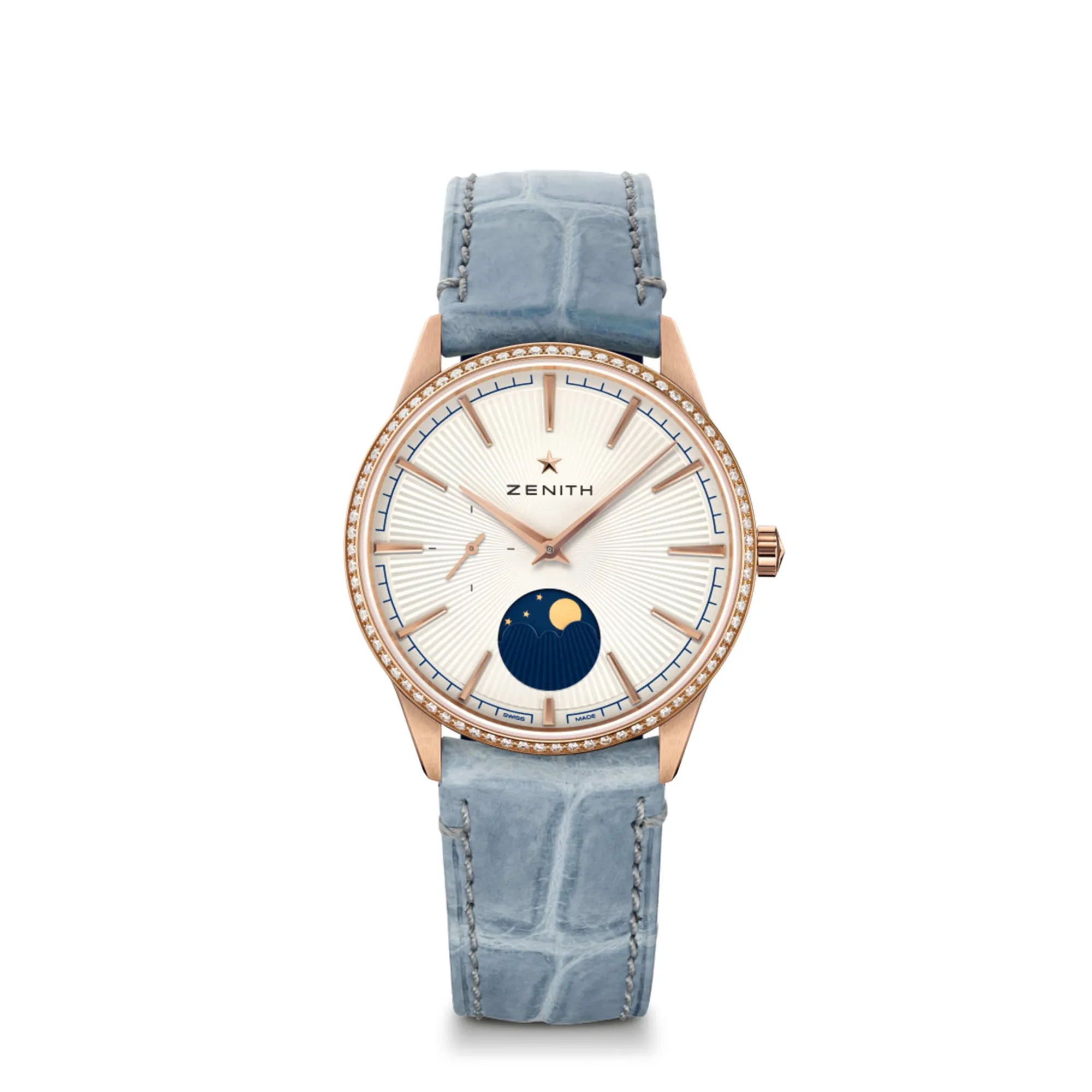 Zenith ELITE Moonphase Watch Silver-Tone Dial Blue Leather Strap, 36mm Online